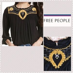 FREE PEOPLE | Embroidered Black Yoke Top NEW